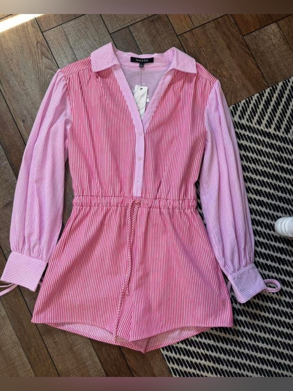 Strut & bolt Pink Striped Button-Front Romper with tie string